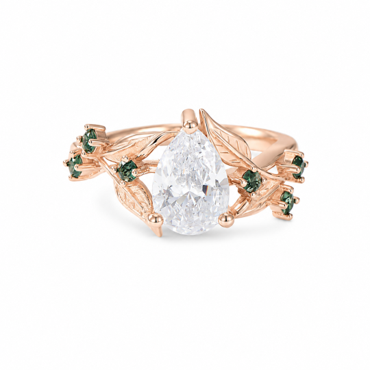 10K Rose Gold 1 to 6 CT Pear Cut Moissanite Leaves Nature Inspired Engagement Ring