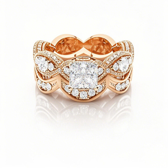 Anillo de compromiso de oro rosa de 10 quilates con diamante de talla princesa creado en laboratorio de 2,2 quilates en total, engaste de cuatro garras y halo de piedras laterales.