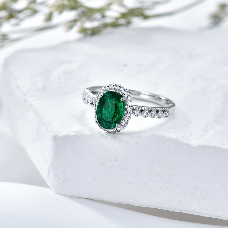 Anillo de compromiso de oro blanco de 10 quilates con esmeralda ovalada de 2,5 a 7,5 quilates para mujer-3