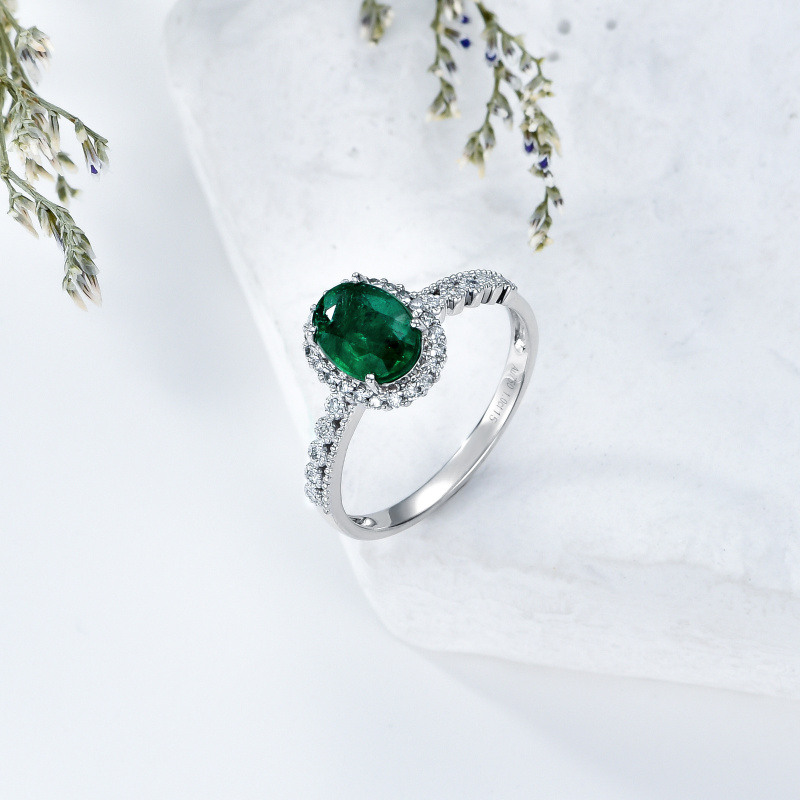 Anillo de compromiso de oro blanco de 10 quilates con esmeralda ovalada de 2,5 a 7,5 quilates para mujer-4