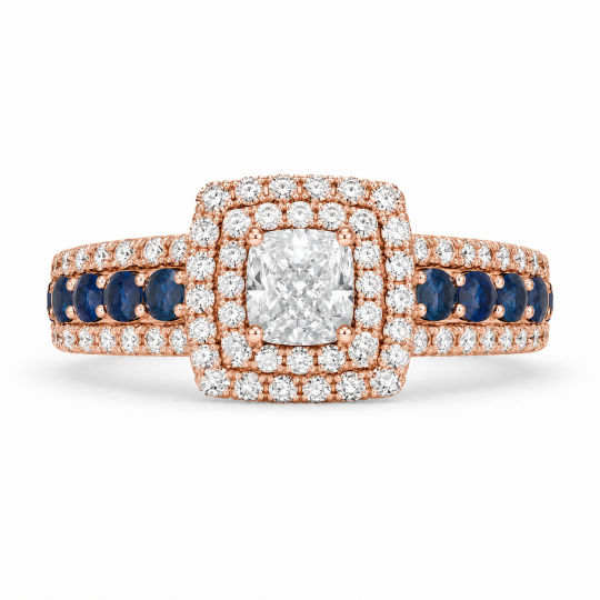 10K Rose Gold 1 CT Cushion Cut Lab-Grown Diamond & Sapphire Custom Halo Sidestone Engagement Ring