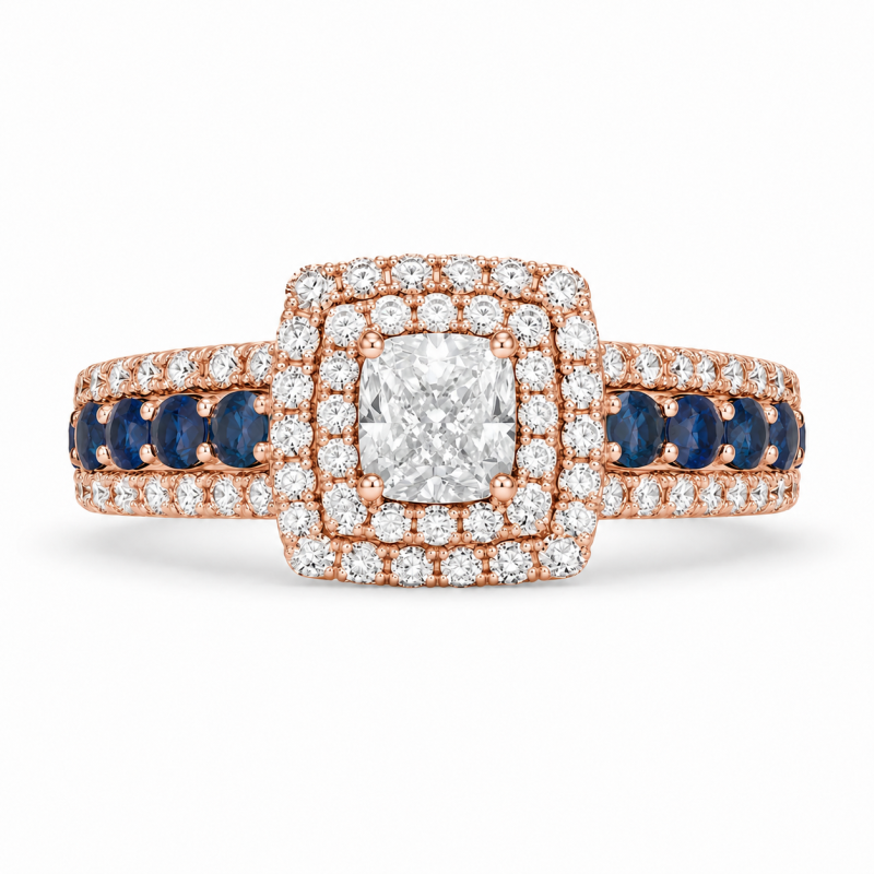 10K Rose Gold 1 CT Cushion Cut Lab-Grown Diamond & Sapphire Custom Halo Sidestone Engagement Ring-5