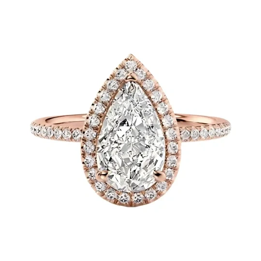Anillo de compromiso con halo de moissanita talla pera de 2 quilates en oro rosa de 10 quilates