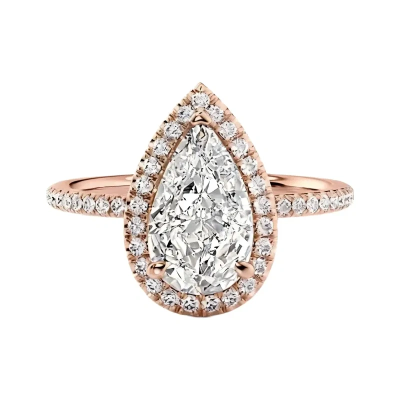 Anillo de compromiso con halo de moissanita talla pera de 2 quilates en oro rosa de 10 quilates-1