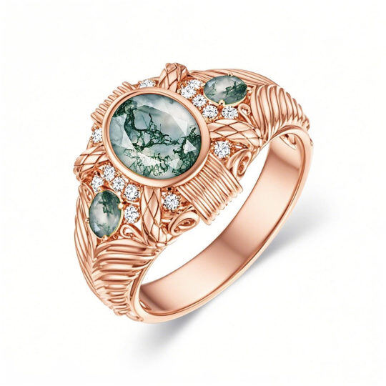 10K Rose Gold 2 CT Round Cut Moss Agate Personalized Engraving Band