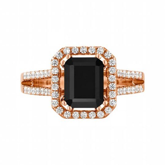 Anillo de compromiso de oro rosa de 10 quilates con moissanita talla esmeralda de 2 quilates y halo de ónix.