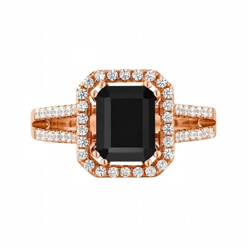 Anillo de compromiso de oro rosa de 10 quilates con moissanita talla esmeralda de 2 quilates y halo de ónix.-16