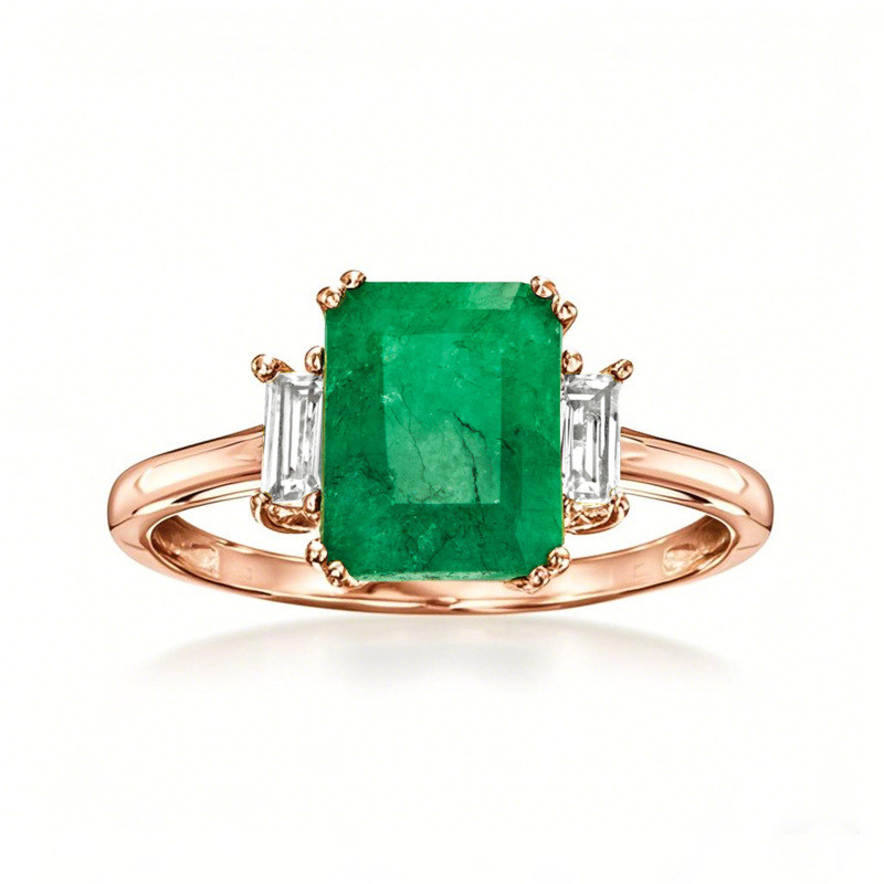 Anillo de promesa de aniversario personalizado en oro rosa de 10 quilates con esmeralda creada en laboratorio de 2 a 7 quilates y topacio blanco talla esmeralda de 0,3 quilates.-18