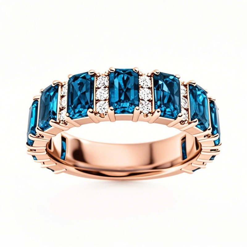 Alianza de boda de oro rosa de 10 quilates con gema sintética talla esmeralda de 3,3 quilates y diamante talla redonda de 0,3 quilates.-1