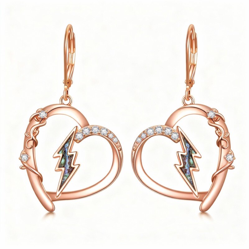 Boucles d'oreilles pendantes en or rose 10 carats, nacre d'ormeau, cœur et éclair en zircon cubique-1