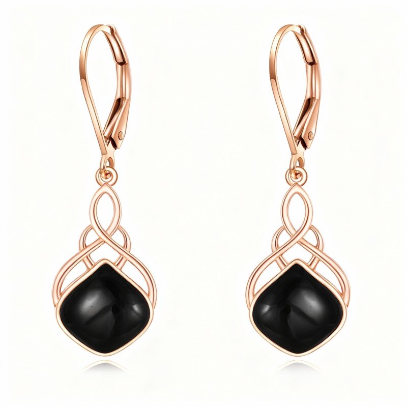 18K Rose Gold Agate Celtic Knot & Drop Shape Lever-back Earrings-1