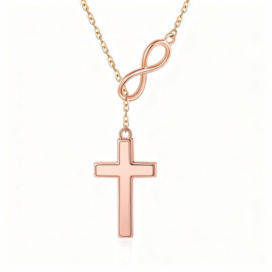 Halskette aus 10-karätigem Roségold mit Achatkreuz und Unendlichkeitssymbol-Anhänger