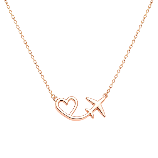 Collar con colgante de avión y corazón en oro rosa de 10 quilates