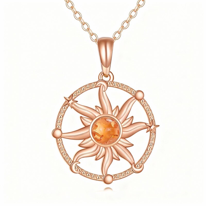 Collier pendentif soleil en ambre et or rose 10 carats-1