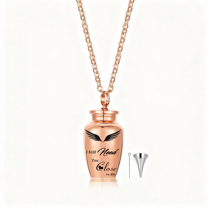 Collier urne funéraire en or rose 14 carats avec aile d'ange-1