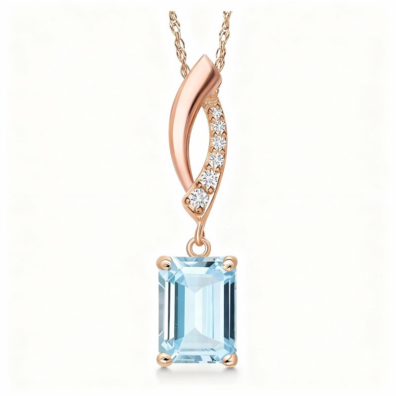 Collier pendentif carré en or rose 18 carats, aigue-marine et moissanite-1