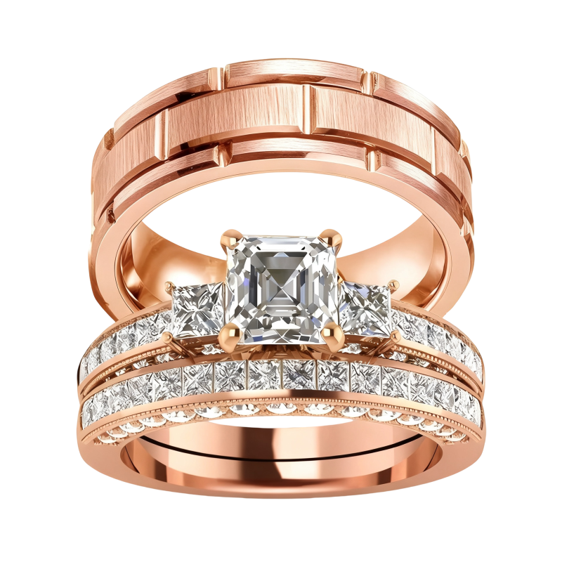 Anillos de pareja de moissanita talla Asscher en oro rosa de 14 quilates-1