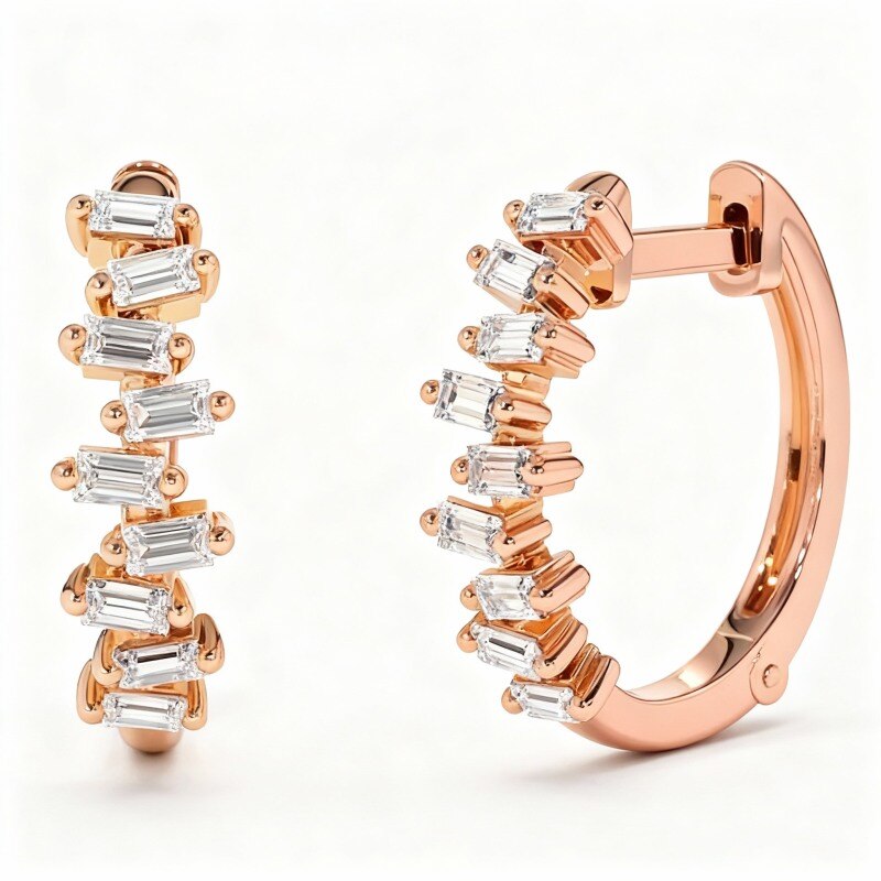 10K Rose Gold Baguette Cut Laboratory Diamonds Circle Hoop Earrings-1
