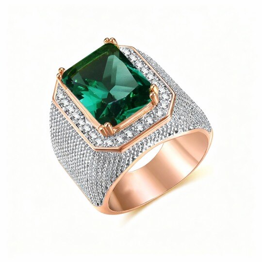 10K Rose Gold 1 to 6 CT Baguette Cut Lab-Grown Emerald & Moissanite Wedding Band for Thumb Men Husband Father Grandpa