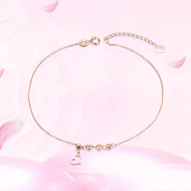 Tobillera de oro rosa de 18 quilates con dije de corazón y cuentas de una sola capa-4