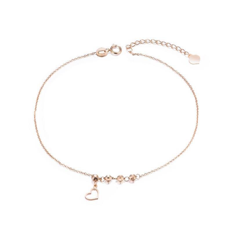 Tobillera de oro rosa de 18 quilates con dije de corazón y cuentas de una sola capa-1