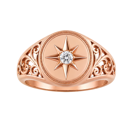 Anillo de sello con brújula y piedra natal de oro rosa de 10 quilates