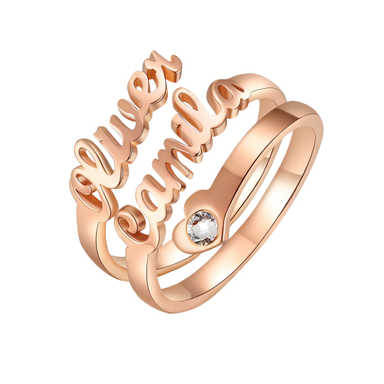 Anel vazado em ouro rosa 10K com pedra de nascimento, nome clássico personalizado e coração.