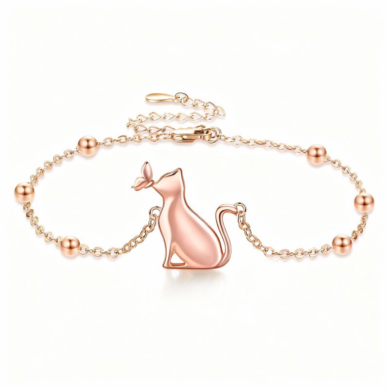Pulsera con dije de mariposa y gato en oro rosa de 14 quilates-1