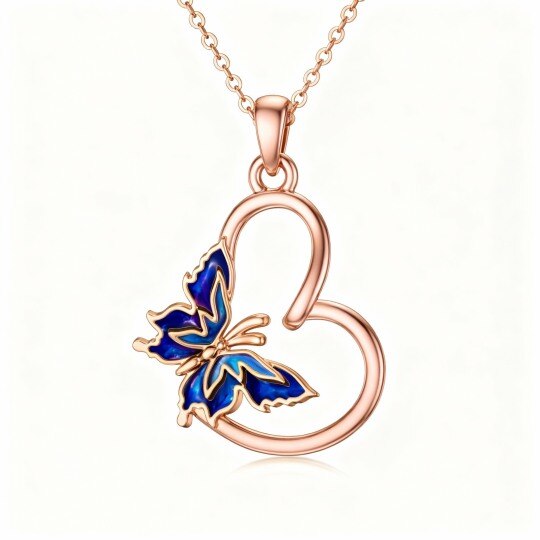 Collier pendentif papillon et cœur en or rose 10 carats