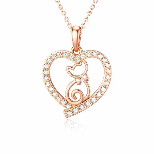 Collar con colgante de gato y corazón en oro rosa de 10 quilates