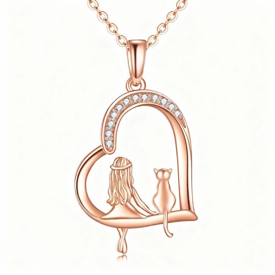 10K Rose Gold Cat & Heart Pendant Necklace