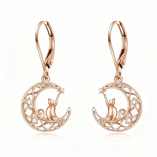 Pendientes colgantes de gato y luna en oro rosa de 10 quilates