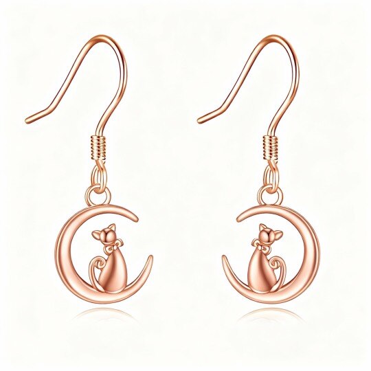 Ohrringe aus 10-karätigem Roségold mit Katzen- und Mondanhänger