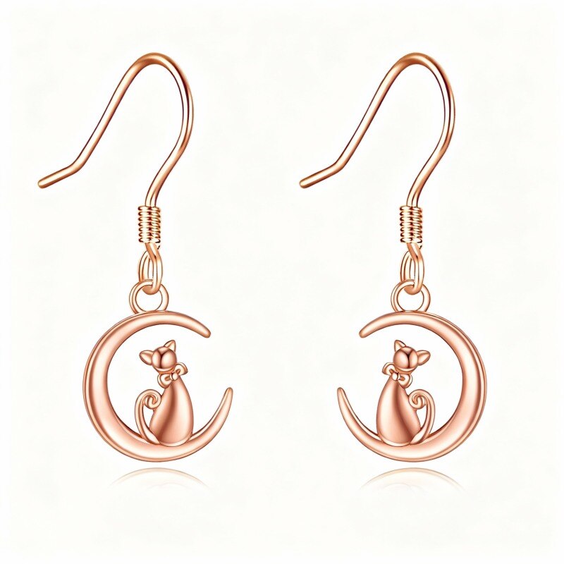 Pendientes colgantes de gato y luna en oro rosa de 18 quilates-1