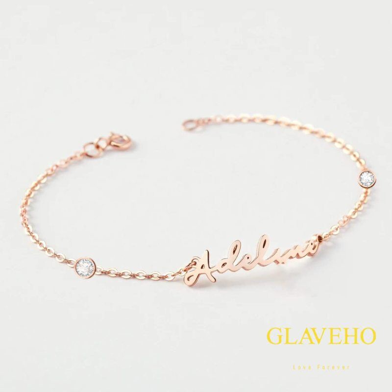 Pulsera clásica personalizada con dije de nombre en oro rosa de 14 quilates con circonita cúbica circular-3