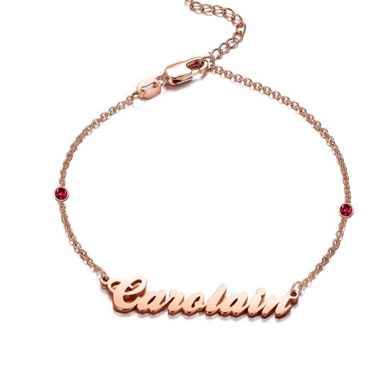 Pulsera clásica personalizada con dije de nombre en oro rosa de 14 quilates con circonita cúbica circular-1