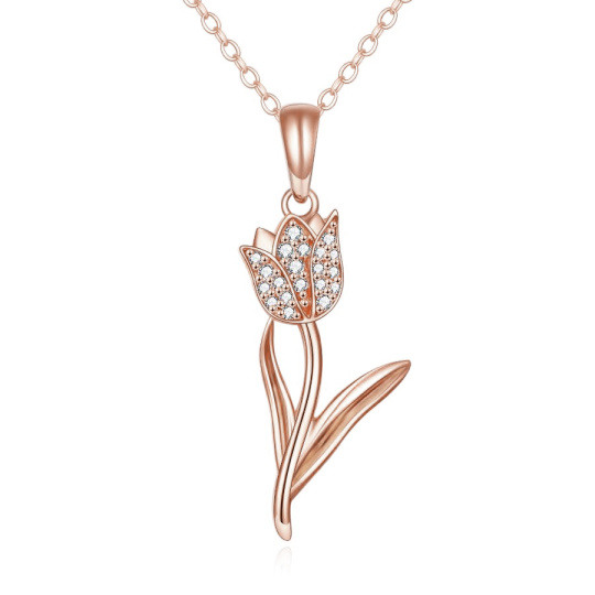 10K Rose Gold Circular Shaped Cubic Zirconia Tulip Pendant Necklace
