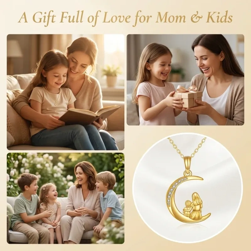 10K Rose Gold Crescent Moon Mother & Child Necklace with Cubic Zirconia Pendant-5