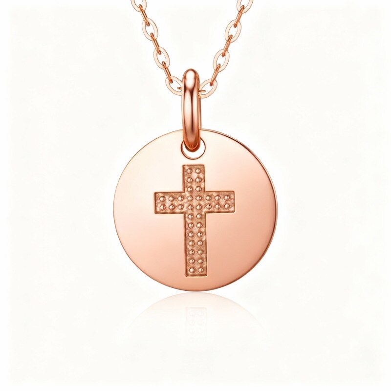 Collar con moneda de cruz de oro rosa de 10 quilates-1