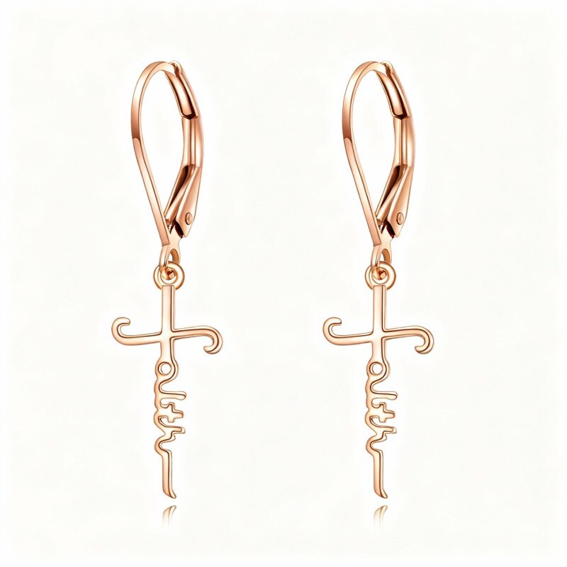 Pendientes colgantes de cruz en oro rosa de 14 quilates-1