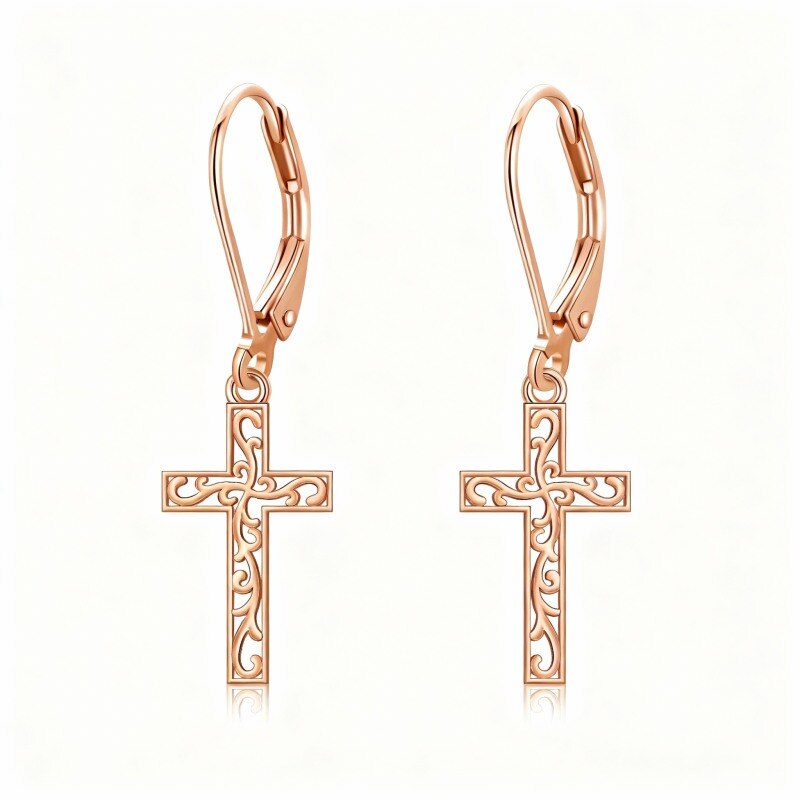 Pendientes colgantes de cruz en oro rosa de 18 quilates-1