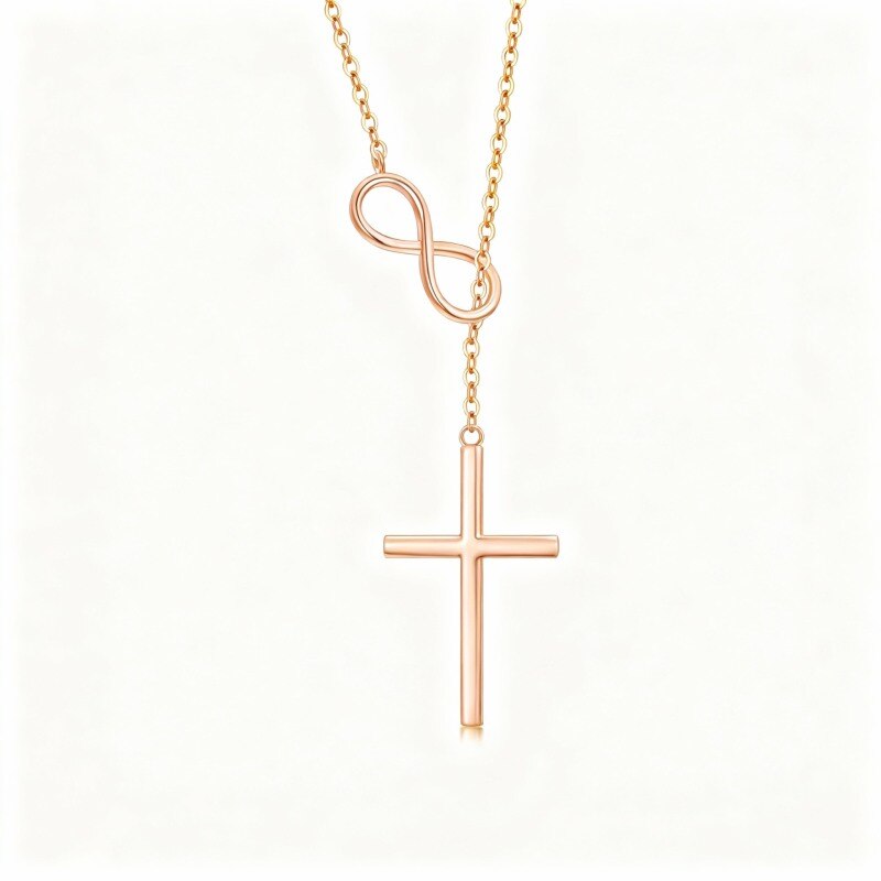 Halskette aus 10-karätigem Roségold mit Kreuz- und Unendlichkeitssymbol-Anhänger-1