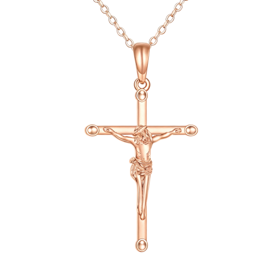 Ketting met kruis- en Jezushanger van 10 karaats roségoud.