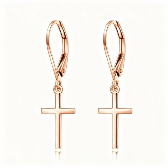 14K Rose Gold Cross Lever-back Earrings