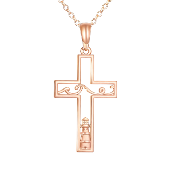 Ketting met kruis- en vuurtorenhanger van 10 karaats roségoud.