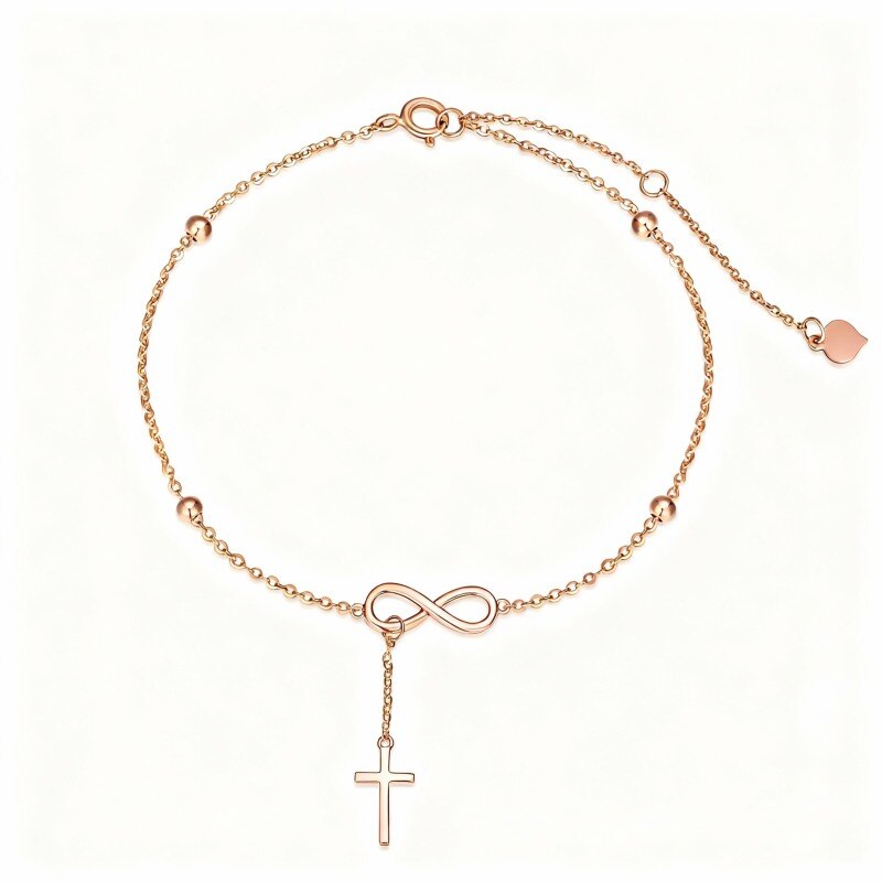 Tornozeleira com pendente de cruz em ouro rosa 18K de camada única-1