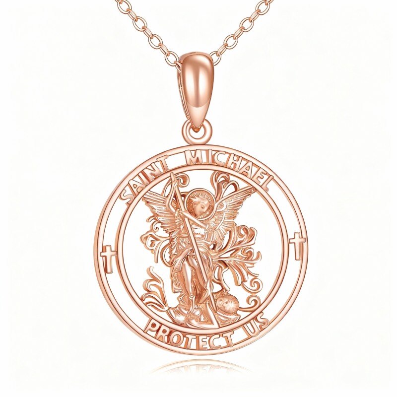Collar con colgante de cruz y San Miguel en oro rosa de 14 quilates con palabra grabada para hombres-1