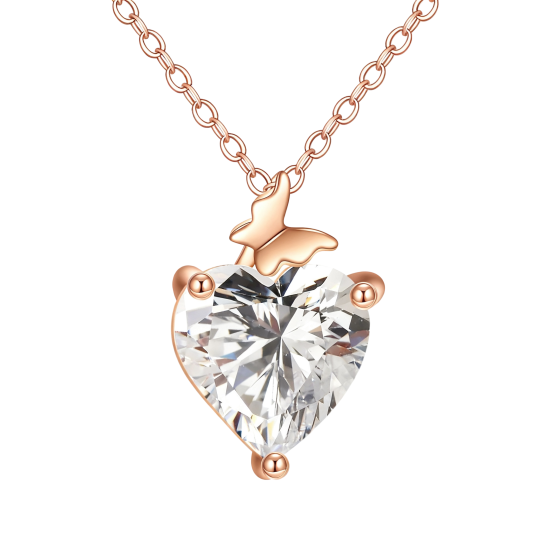Ketting met hanger in de vorm van een vlinder en hartje van 10 karaats roségoud met kristallen.