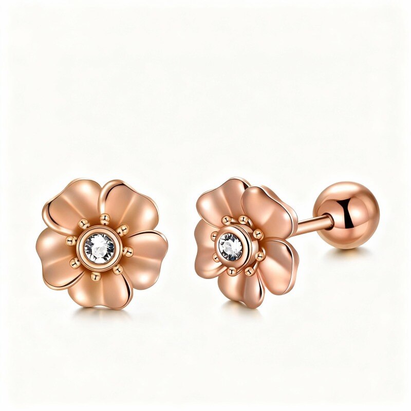 14K Rose Gold Crystal Cherry Blossom Stud Earrings-1