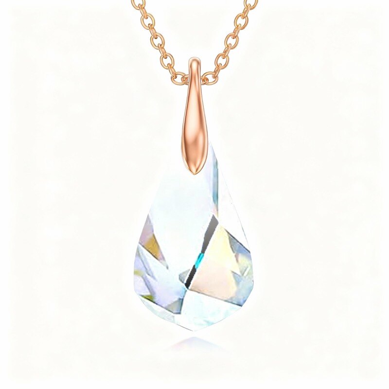 18K Rose Gold Crystal Drop Shape Pendant Necklace-1